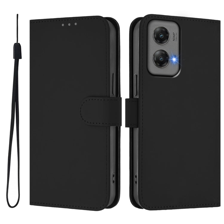 For Motorola Moto G Stylus 5G 2024 Skin Feel Solid Color Leather Phone Case with Lanyard(Black)