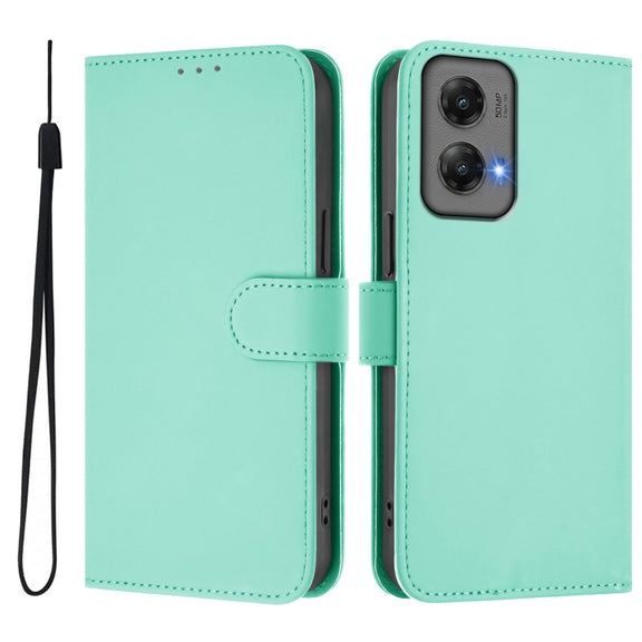 For Motorola Moto G Stylus 5G 2024 Skin Feel Solid Color Leather Phone Case with Lanyard(Mint Green)