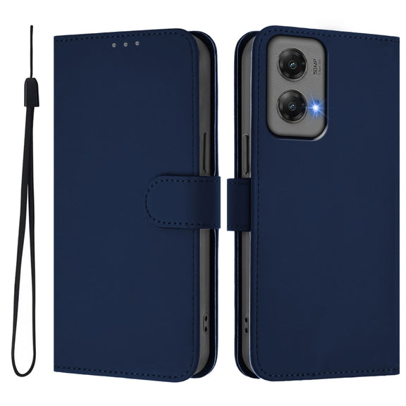 For Motorola Moto G Stylus 5G 2024 Skin Feel Solid Color Leather Phone Case with Lanyard(Navy Blue)