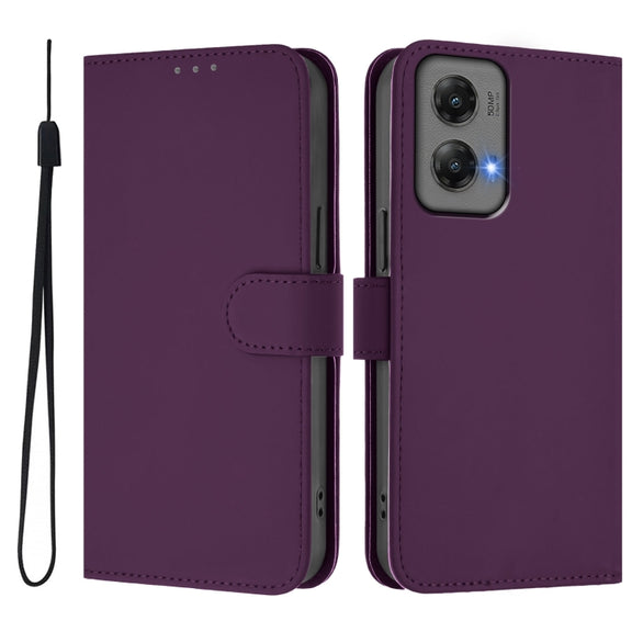 For Motorola Moto G Stylus 5G 2024 Skin Feel Solid Color Leather Phone Case with Lanyard(Violet)