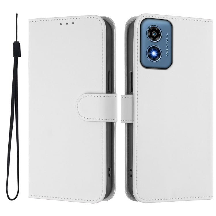 For Motorola Moto G Play 4G 2024 Global Skin Feel Solid Color Leather Phone Case with Lanyard(White)