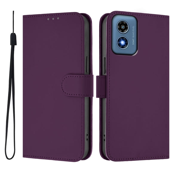 For Motorola Moto G Play 4G 2024 Global Skin Feel Solid Color Leather Phone Case with Lanyard(Violet)