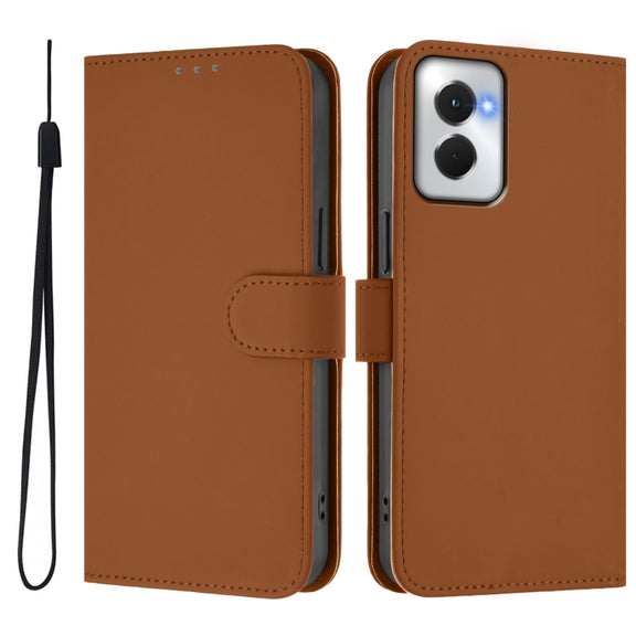 For Motorola Moto G Power 5G 2024 Skin Feel Solid Color Leather Phone Case with Lanyard(Brown)