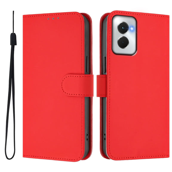 For Motorola Moto G Power 5G 2024 Skin Feel Solid Color Leather Phone Case with Lanyard(Red)