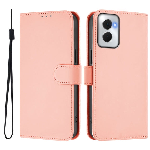 For Motorola Moto G Power 5G 2024 Skin Feel Solid Color Leather Phone Case with Lanyard(Pink)