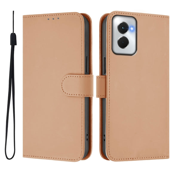 For Motorola Moto G Power 5G 2024 Skin Feel Solid Color Leather Phone Case with Lanyard(Nude)