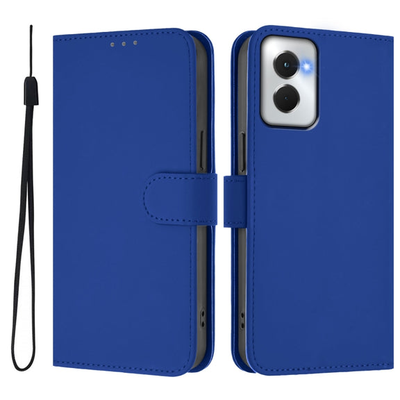 For Motorola Moto G Power 5G 2024 Skin Feel Solid Color Leather Phone Case with Lanyard(Dark Blue)