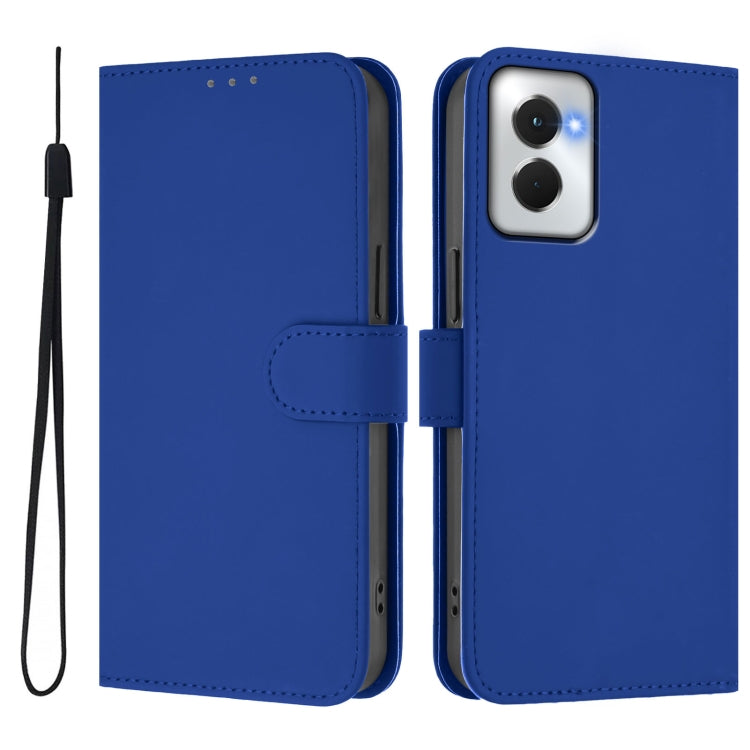 For Motorola Moto G Power 5G 2024 Skin Feel Solid Color Leather Phone Case with Lanyard(Dark Blue)