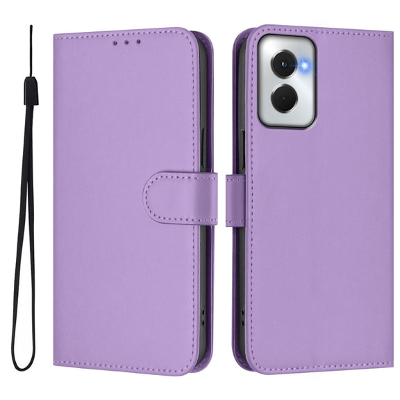 For Motorola Moto G Power 5G 2024 Skin Feel Solid Color Leather Phone Case with Lanyard(Lavender Purple)