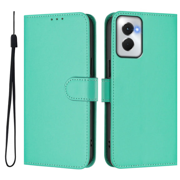 For Motorola Moto G Power 5G 2024 Skin Feel Solid Color Leather Phone Case with Lanyard(Green)