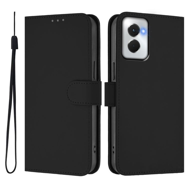For Motorola Moto G Power 5G 2024 Skin Feel Solid Color Leather Phone Case with Lanyard(Black)