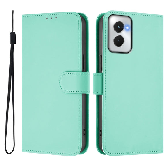 For Motorola Moto G Power 5G 2024 Skin Feel Solid Color Leather Phone Case with Lanyard(Mint Green)