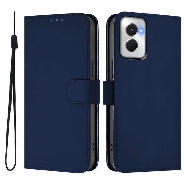 For Motorola Moto G Power 5G 2024 Skin Feel Solid Color Leather Phone Case with Lanyard(Navy Blue)