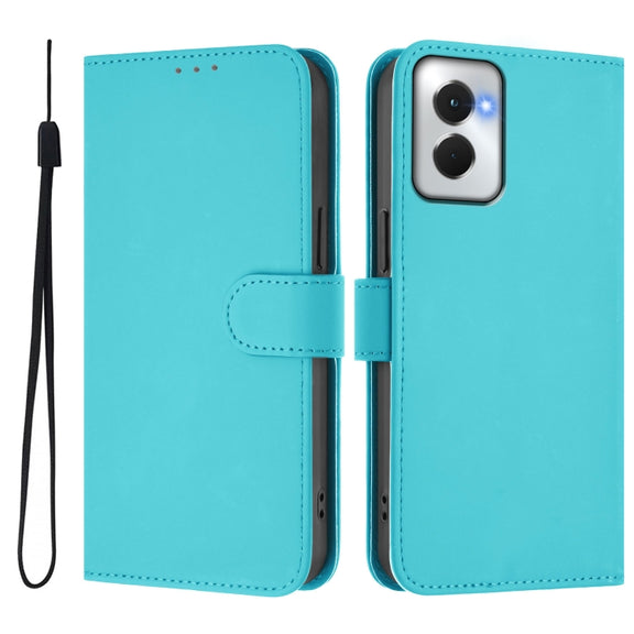 For Motorola Moto G Power 5G 2024 Skin Feel Solid Color Leather Phone Case with Lanyard(Lake Blue)