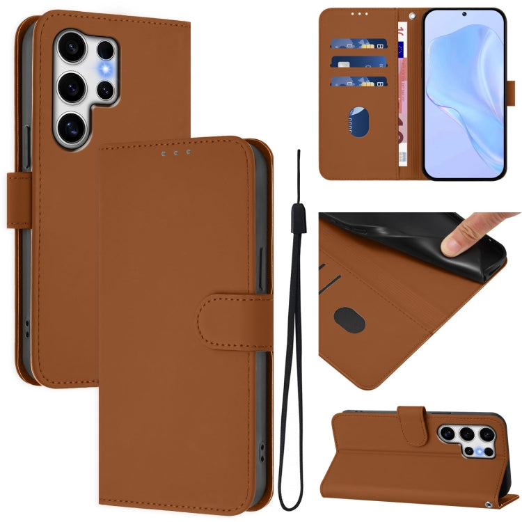 For Samsung Galaxy S25 Ultra 5G Skin Feel Solid Color Leather Phone Case with Lanyard(Brown) - Galaxy S25 Ultra 5G Cases by PMC Jewellery | Online Shopping South Africa | PMC Jewellery | Buy Now Pay Later Mobicred