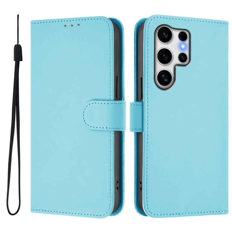 For Samsung Galaxy S25 Ultra 5G Skin Feel Solid Color Leather Phone Case with Lanyard(Sky Blue)