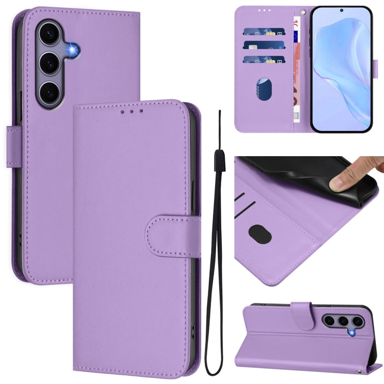 For Samsung Galaxy S25 5G Skin Feel Solid Color Leather Phone Case with Lanyard(Lavender Purple) - Galaxy S25 5G Cases by PMC Jewellery | Online Shopping South Africa | PMC Jewellery | Buy Now Pay Later Mobicred