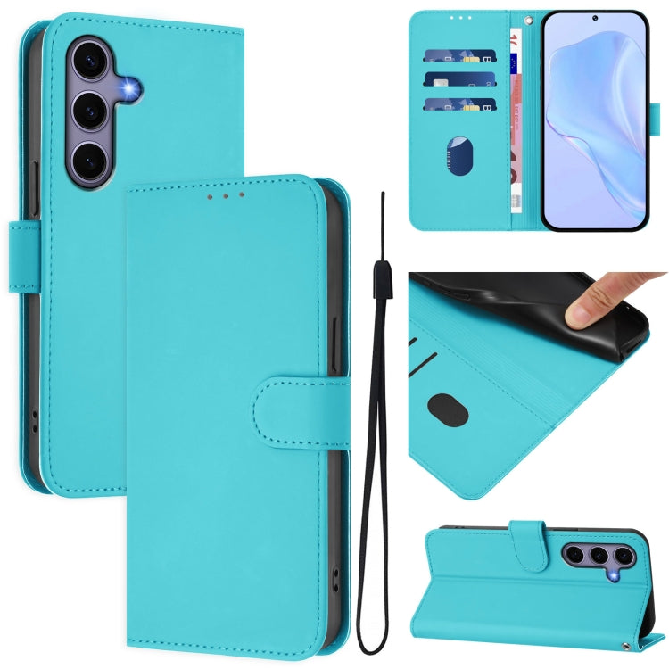 For Samsung Galaxy S25 5G Skin Feel Solid Color Leather Phone Case with Lanyard(Lake Blue) - Galaxy S25 5G Cases by PMC Jewellery | Online Shopping South Africa | PMC Jewellery | Buy Now Pay Later Mobicred
