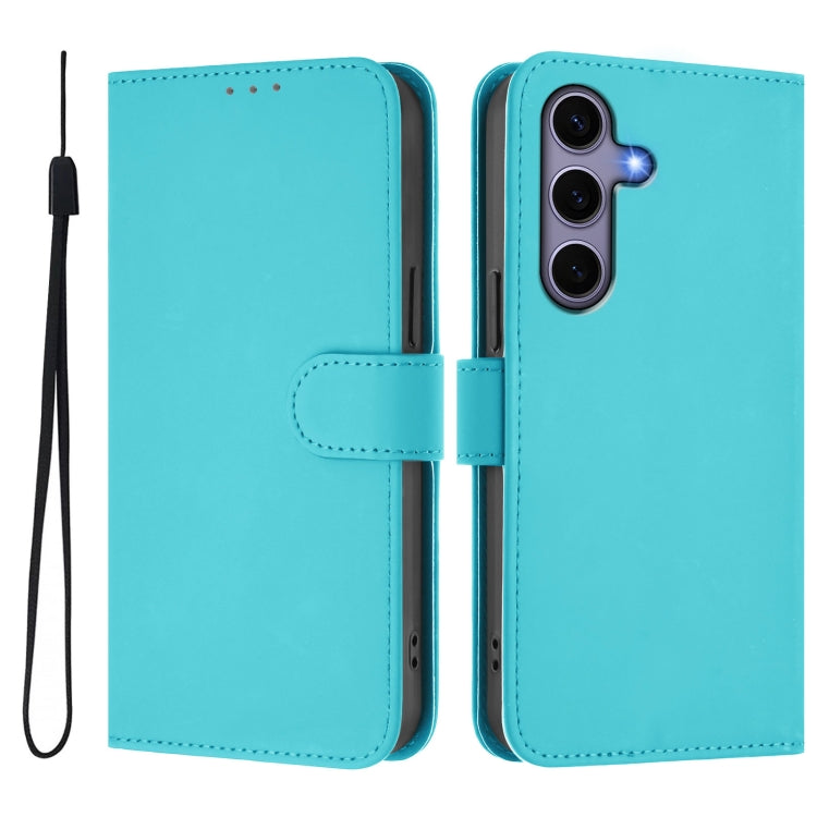 For Samsung Galaxy S25 5G Skin Feel Solid Color Leather Phone Case with Lanyard(Lake Blue) - Galaxy S25 5G Cases by PMC Jewellery | Online Shopping South Africa | PMC Jewellery | Buy Now Pay Later Mobicred