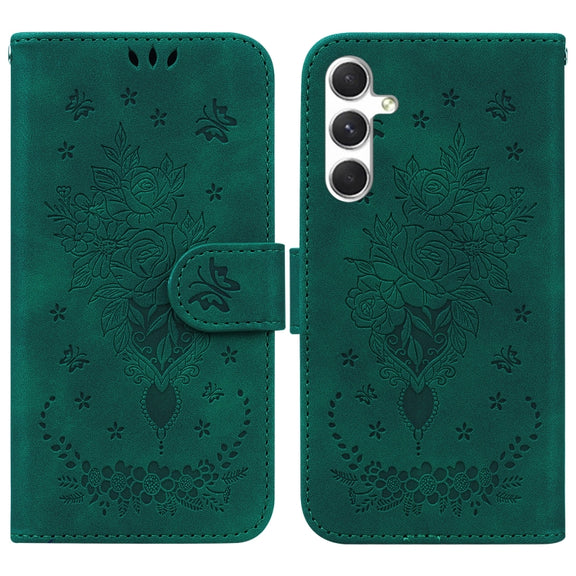 For Samsung Galaxy S25+ 5G Butterfly Rose Embossed Leather Phone Case(Green)