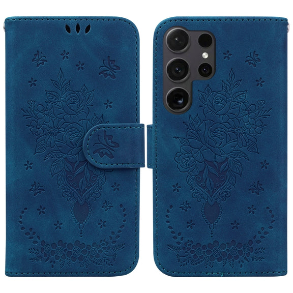 For Samsung Galaxy S25 Ultra 5G Butterfly Rose Embossed Leather Phone Case(Blue)