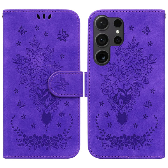 For Samsung Galaxy S25 Ultra 5G Butterfly Rose Embossed Leather Phone Case(Purple)