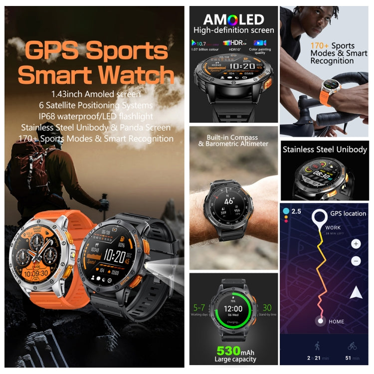 LEMFO K67 1.43 inch AMOLED Screen GPS Sports Smart Watch, Support Bluetooth Call / Wellness Tracking(Silver Orange)