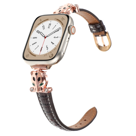 For Apple Watch 46mm / 49mm / 45mm / 44mm Leopard Head Bamboo Texture Leather Watch Band(Rose Gold Brown)