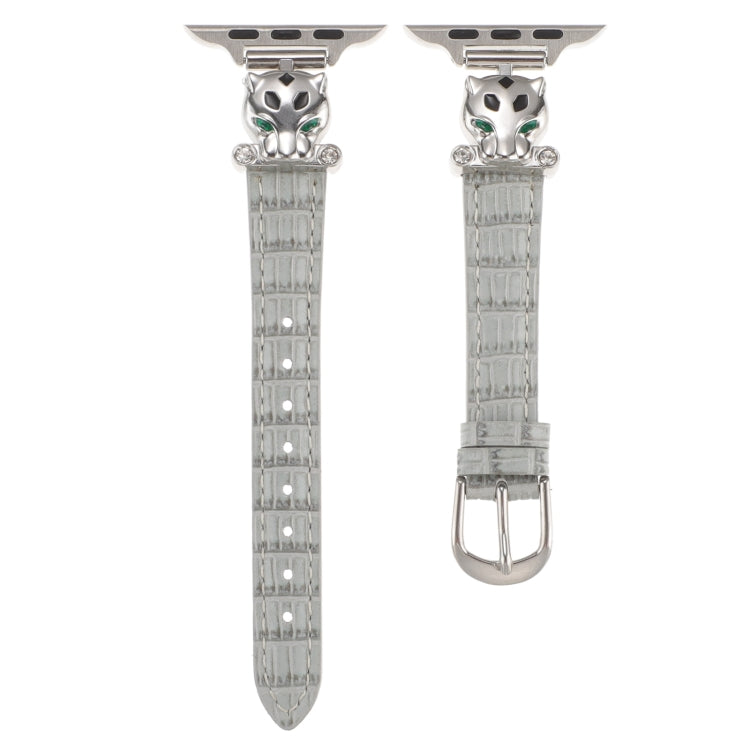 For Apple Watch 46mm / 49mm / 45mm / 44mm Leopard Head Bamboo Texture Leather Watch Band(Silver Grey)