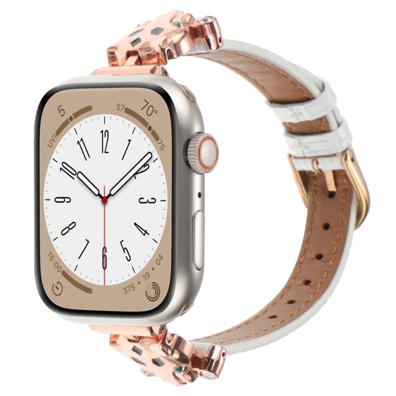 For Apple Watch 46mm / 49mm / 45mm / 44mm Leopard Head Bamboo Texture Leather Watch Band(Rose Gold White)