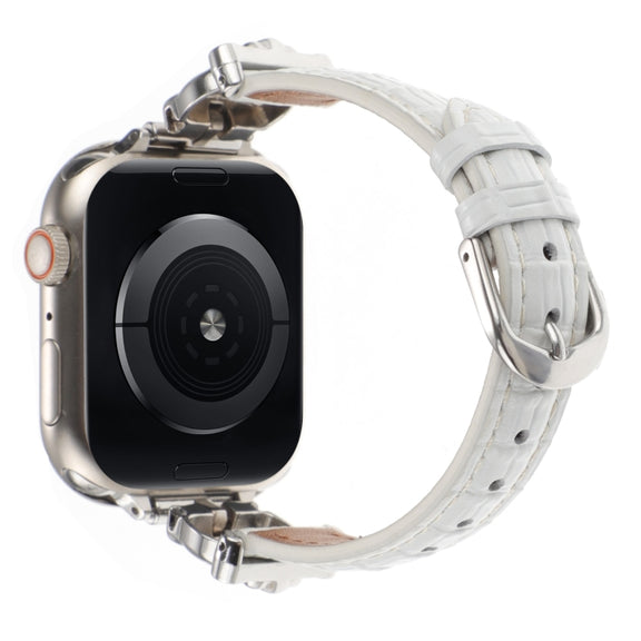 For Apple Watch 46mm / 49mm / 45mm / 44mm Leopard Head Bamboo Texture Leather Watch Band(Silver White)