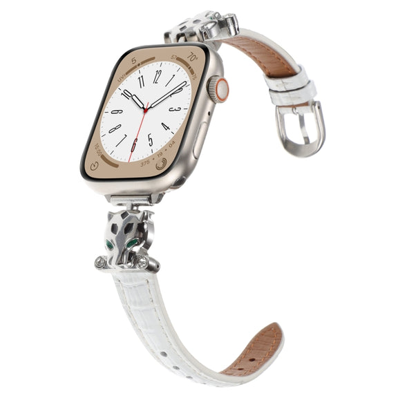For Apple Watch 46mm / 49mm / 45mm / 44mm Leopard Head Bamboo Texture Leather Watch Band(Silver White)