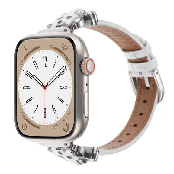 For Apple Watch 46mm / 49mm / 45mm / 44mm Leopard Head Bamboo Texture Leather Watch Band(Silver White)
