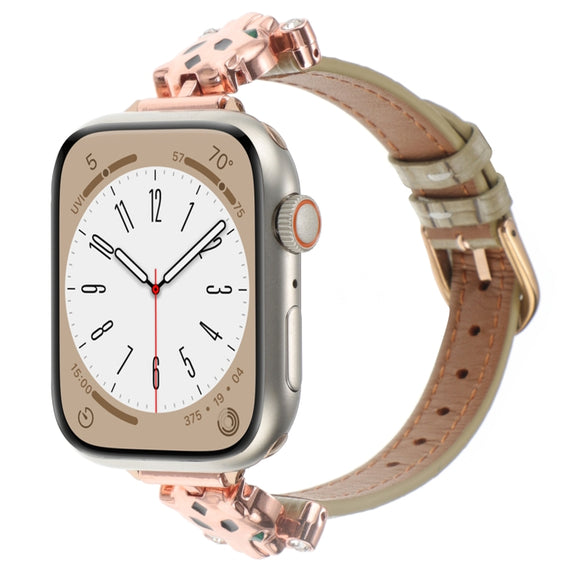 For Apple Watch 46mm / 49mm / 45mm / 44mm Leopard Head Bamboo Texture Leather Watch Band(Rose Gold Khaki)
