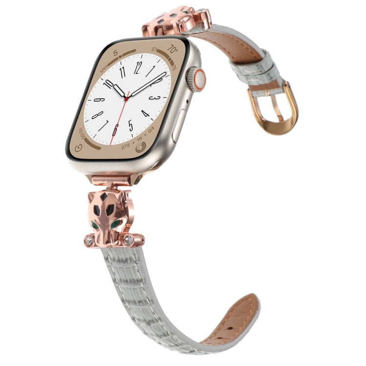 For Apple Watch 42mm / 41mm / 40mm / 38mm Leopard Head Bamboo Texture Leather Watch Band(Rose Gold Grey)