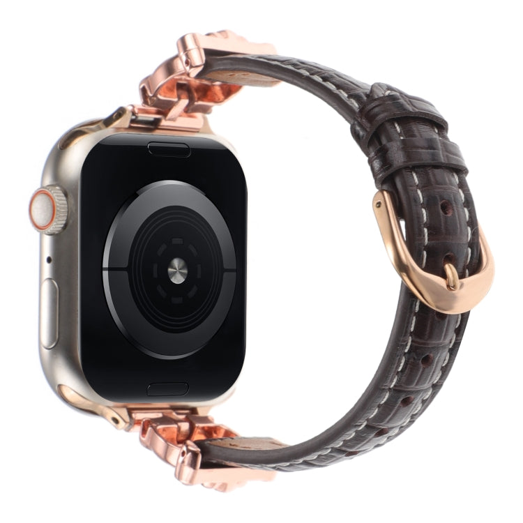 For Apple Watch 42mm / 41mm / 40mm / 38mm Leopard Head Bamboo Texture Leather Watch Band(Rose Gold Brown)