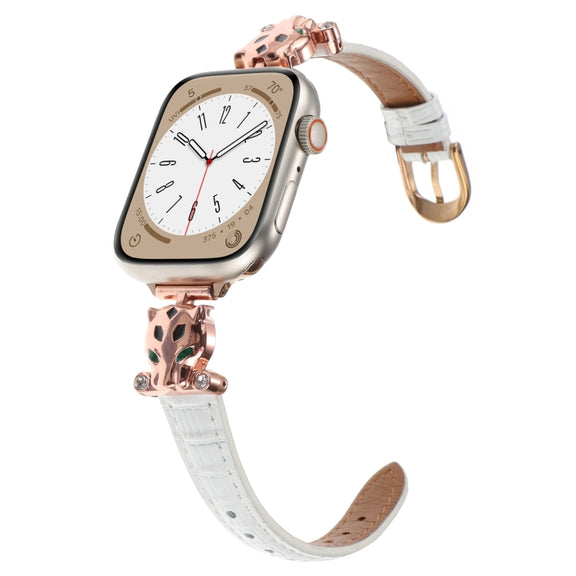 For Apple Watch 42mm / 41mm / 40mm / 38mm Leopard Head Bamboo Texture Leather Watch Band(Rose Gold White)