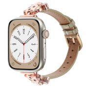 For Apple Watch 42mm / 41mm / 40mm / 38mm Leopard Head Bamboo Texture Leather Watch Band(Rose Gold Khaki)