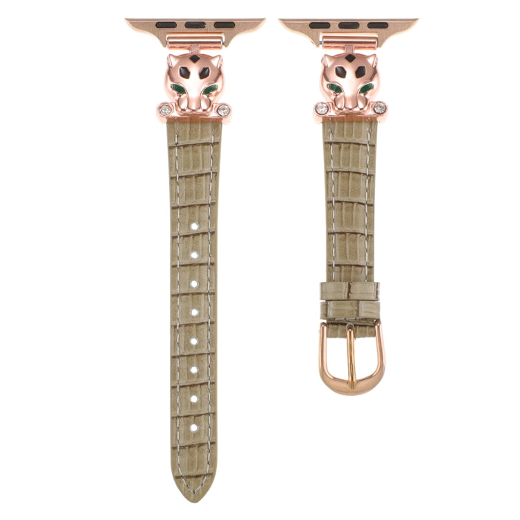 For Apple Watch 42mm / 41mm / 40mm / 38mm Leopard Head Bamboo Texture Leather Watch Band(Rose Gold Khaki)