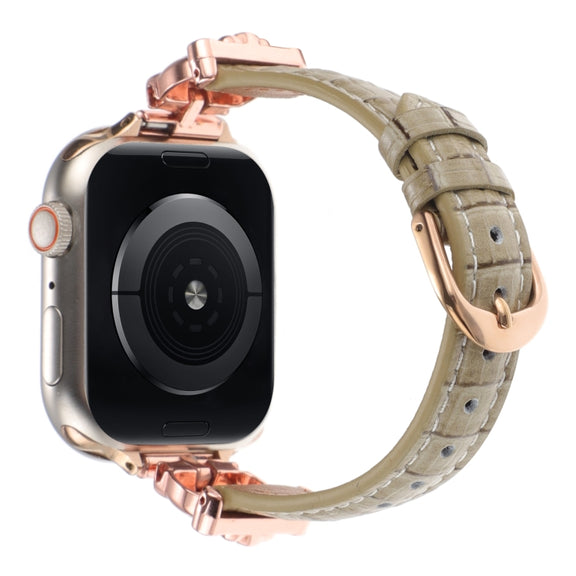 For Apple Watch 42mm / 41mm / 40mm / 38mm Leopard Head Bamboo Texture Leather Watch Band(Rose Gold Khaki)