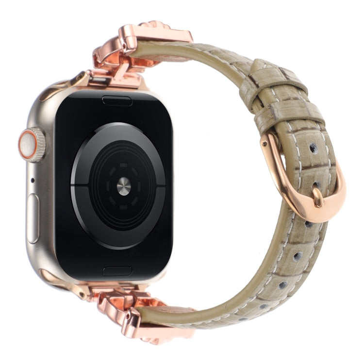 For Apple Watch 42mm / 41mm / 40mm / 38mm Leopard Head Bamboo Texture Leather Watch Band(Rose Gold Khaki)