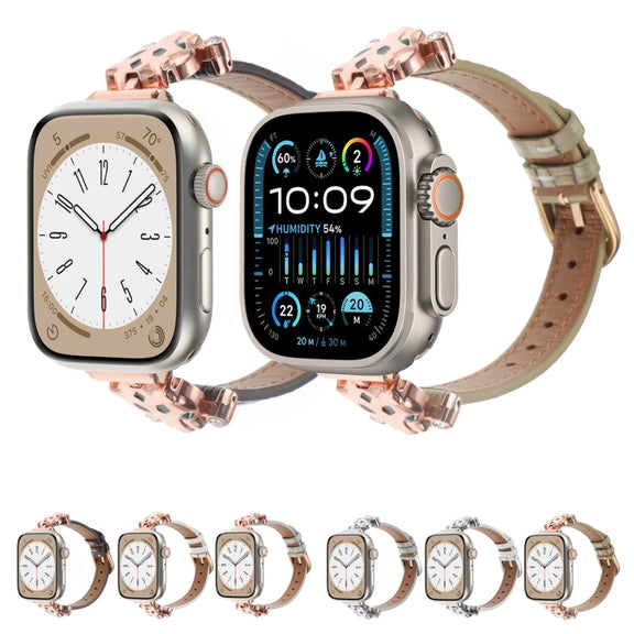 For Apple Watch 42mm / 41mm / 40mm / 38mm Leopard Head Bamboo Texture Leather Watch Band(Silver White)
