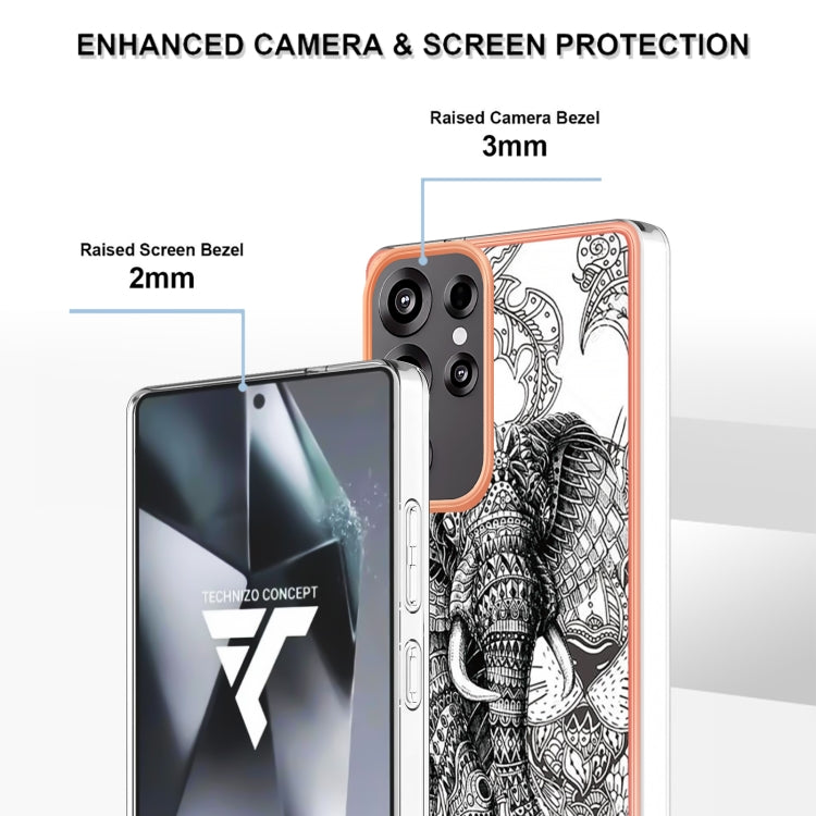 For Samsung Galaxy S25 Ultra 5G Electroplating Marble Dual-side IMD Phone Case(Totem Elephant)