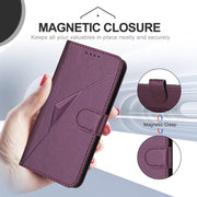 For iPhone 16e Triangle Pattern Buckle Clasp Leather Phone Case(Dark Purple)