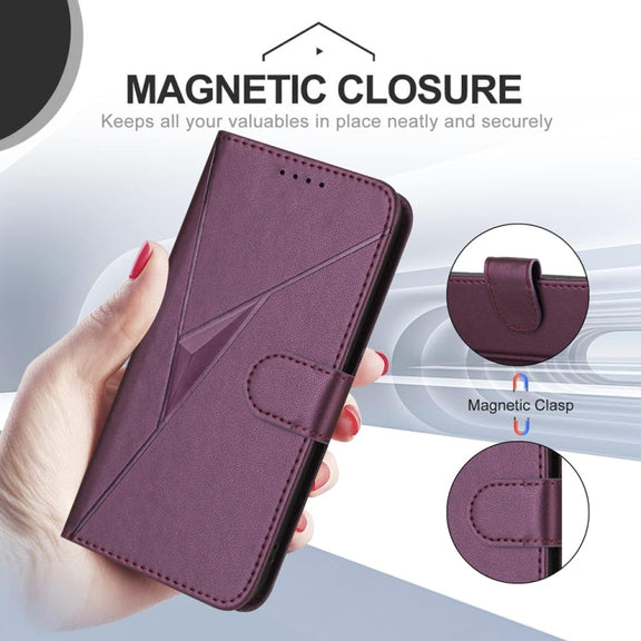 For iPhone 16e Triangle Pattern Buckle Clasp Leather Phone Case(Dark Purple)
