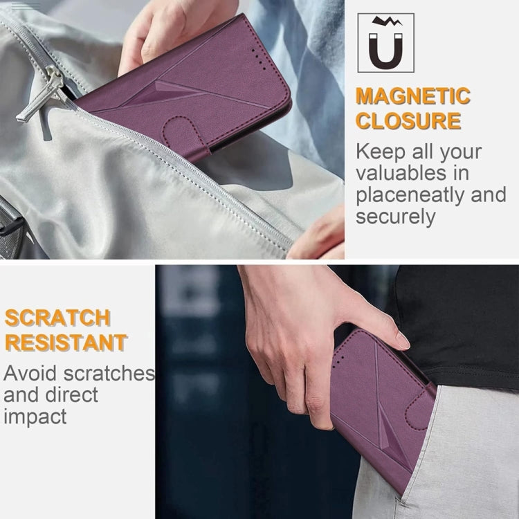 For iPhone 16e Triangle Pattern Buckle Clasp Leather Phone Case(Dark Purple)
