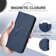 For iPhone 16e Triangle Pattern Buckle Clasp Leather Phone Case(Royal Blue)