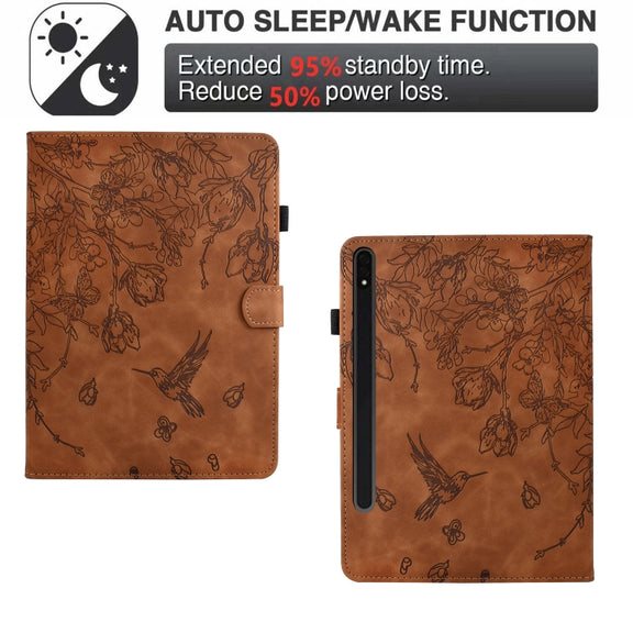 For Samsung Galaxy Tab S9 Flowers and Bird Embossed Smart Leather Tablet Case(Brown)