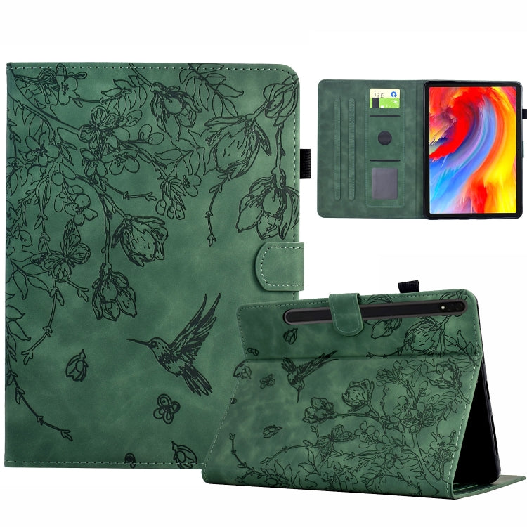 For Samsung Galaxy Tab S9 Flowers and Bird Embossed Smart Leather Tablet Case(Green) - free shipping - PMC Jewellery - Order now!