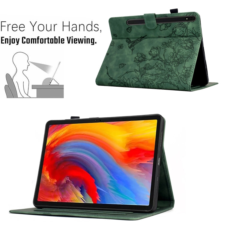 For Samsung Galaxy Tab S9 Flowers and Bird Embossed Smart Leather Tablet Case(Green) - free shipping - PMC Jewellery - Order now!